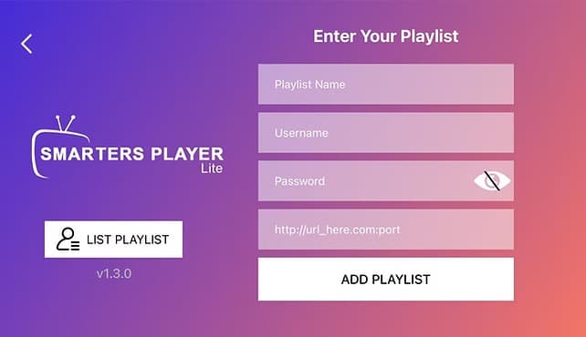 Saisie des identifiants WAKA TV dans Smarters Player Lite avec Xtream Codes
